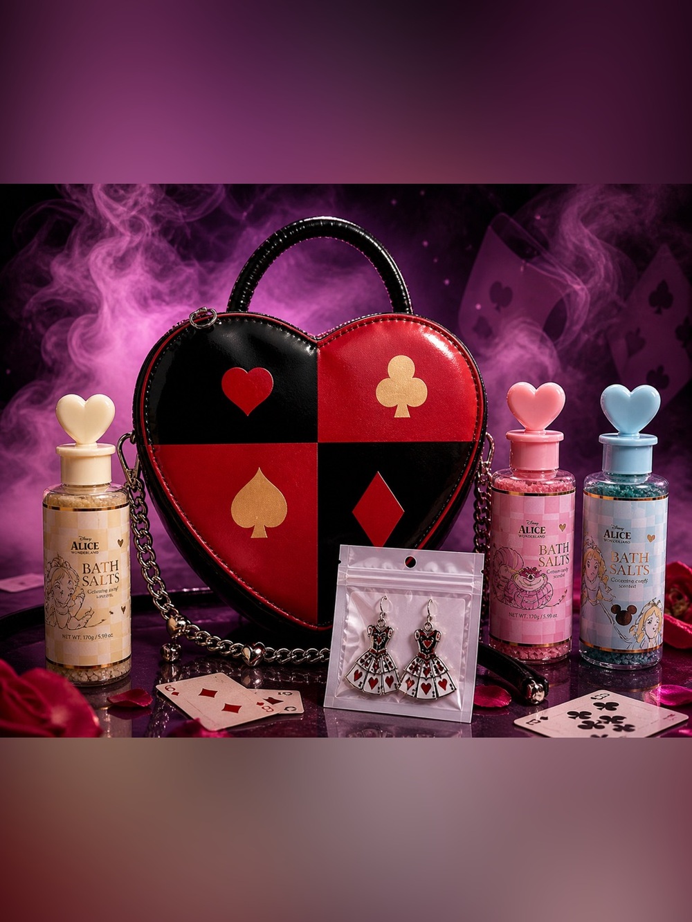 Alice Wonderland Queen Hearts Gift Set Bag Bath Salts Earrings one price